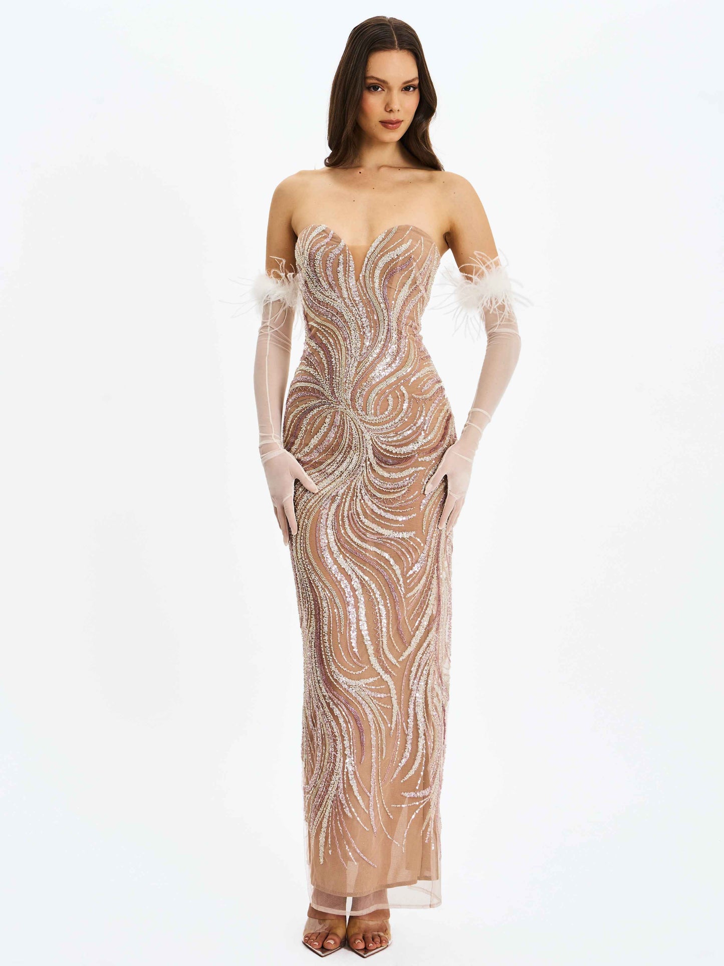 Quinci Apricot Beaded Sequin Sweetheart Maxi Dress