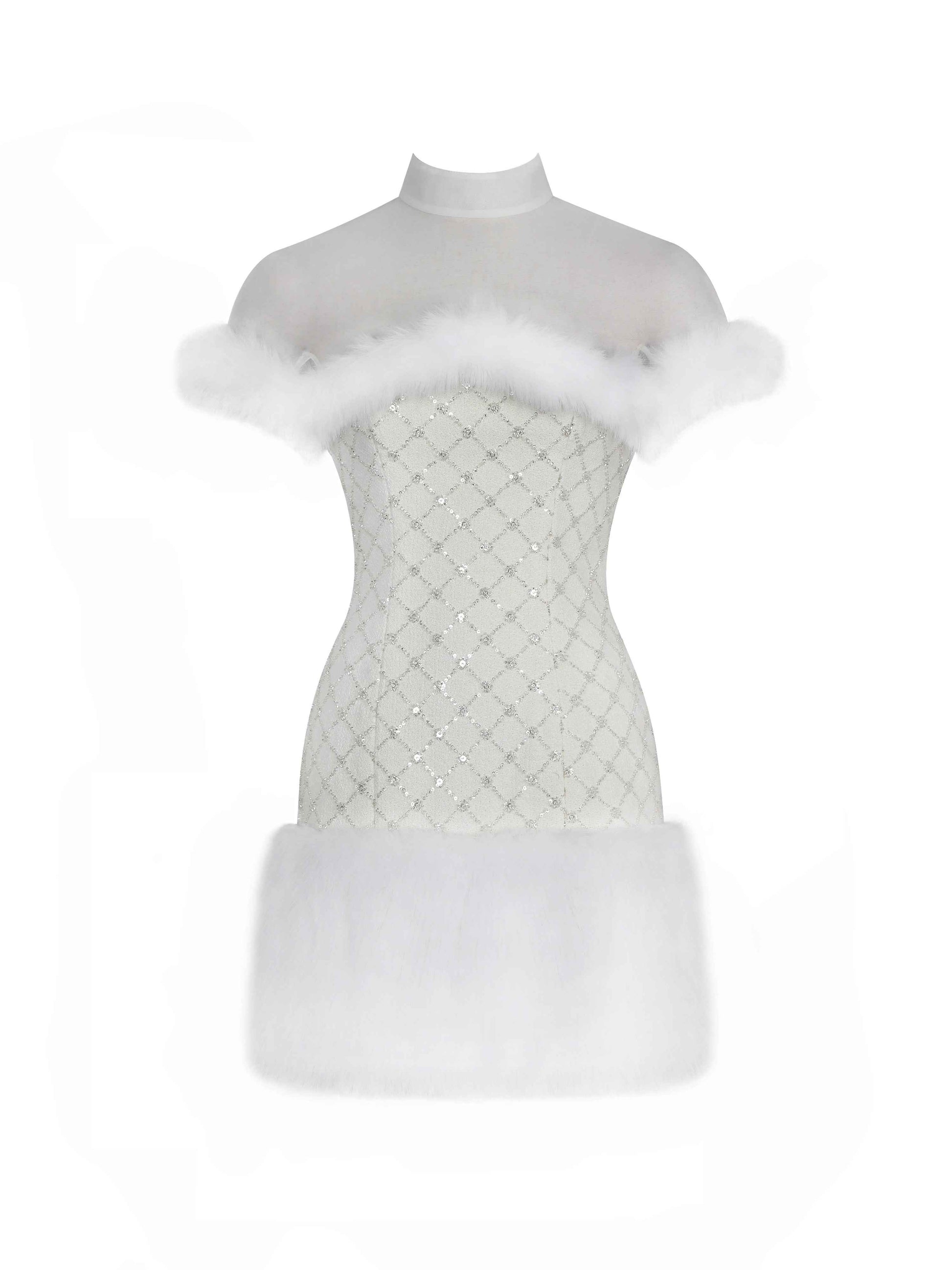 Taylor Ivory Fur Trimmed Beaded Bouclé Mini Dress