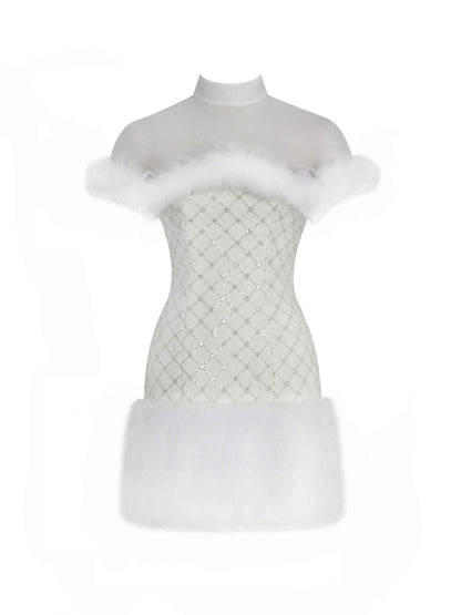 Taylor Ivory Fur Trimmed Beaded Bouclé Mini Dress