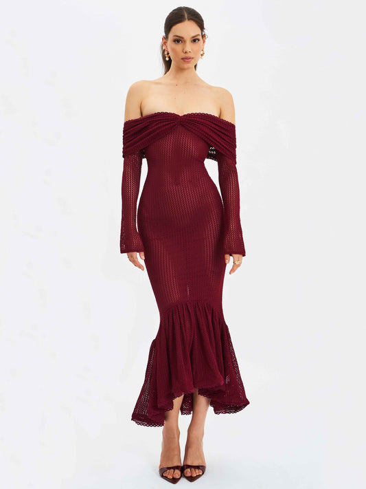 Kaedyn Burgundy Off Shoulder Long Sleeve Crochet Mermaid Maxi Dress