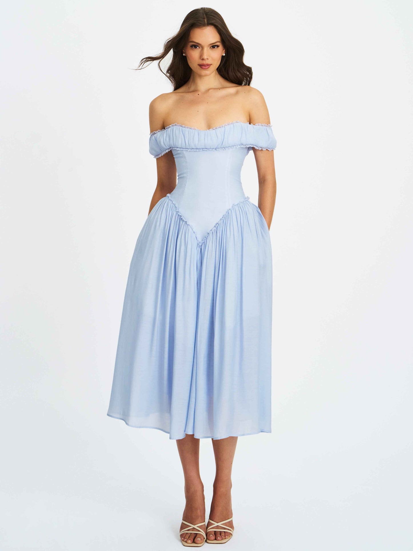 Xavy Baby Blue Off Shoulder Corset Midi Dress