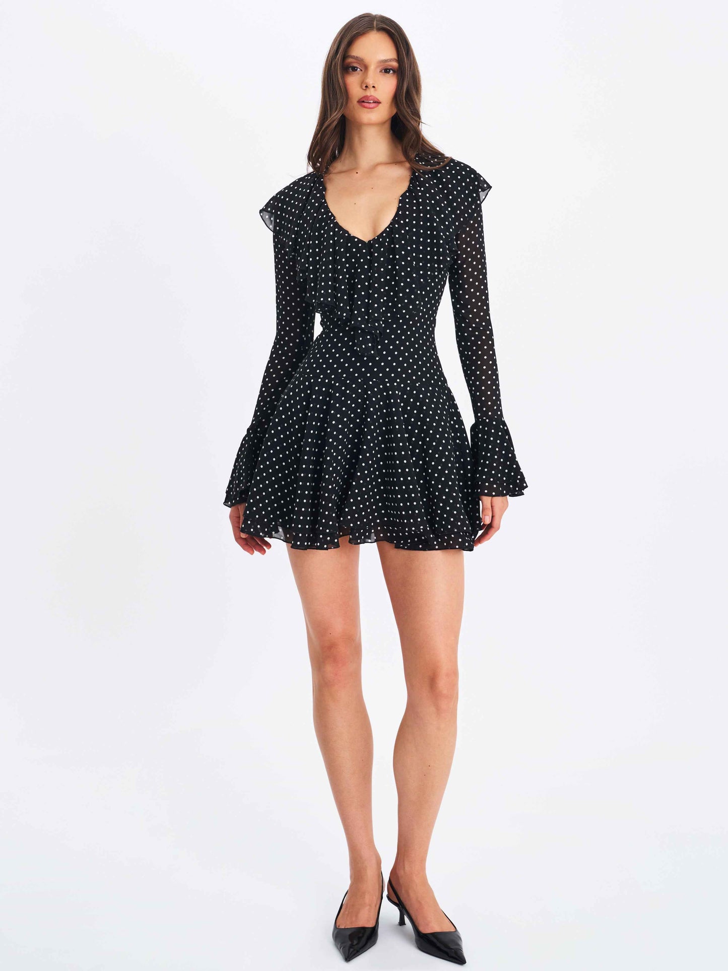Omari Black Chiffon Polka Dot Ruffled Neckline Mini Dress