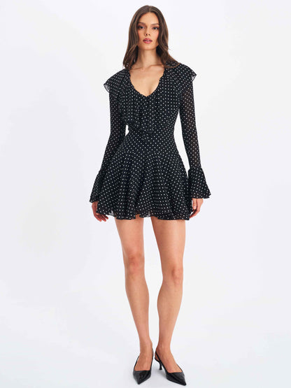 Omari Black Chiffon Polka Dot Ruffled Neckline Mini Dress