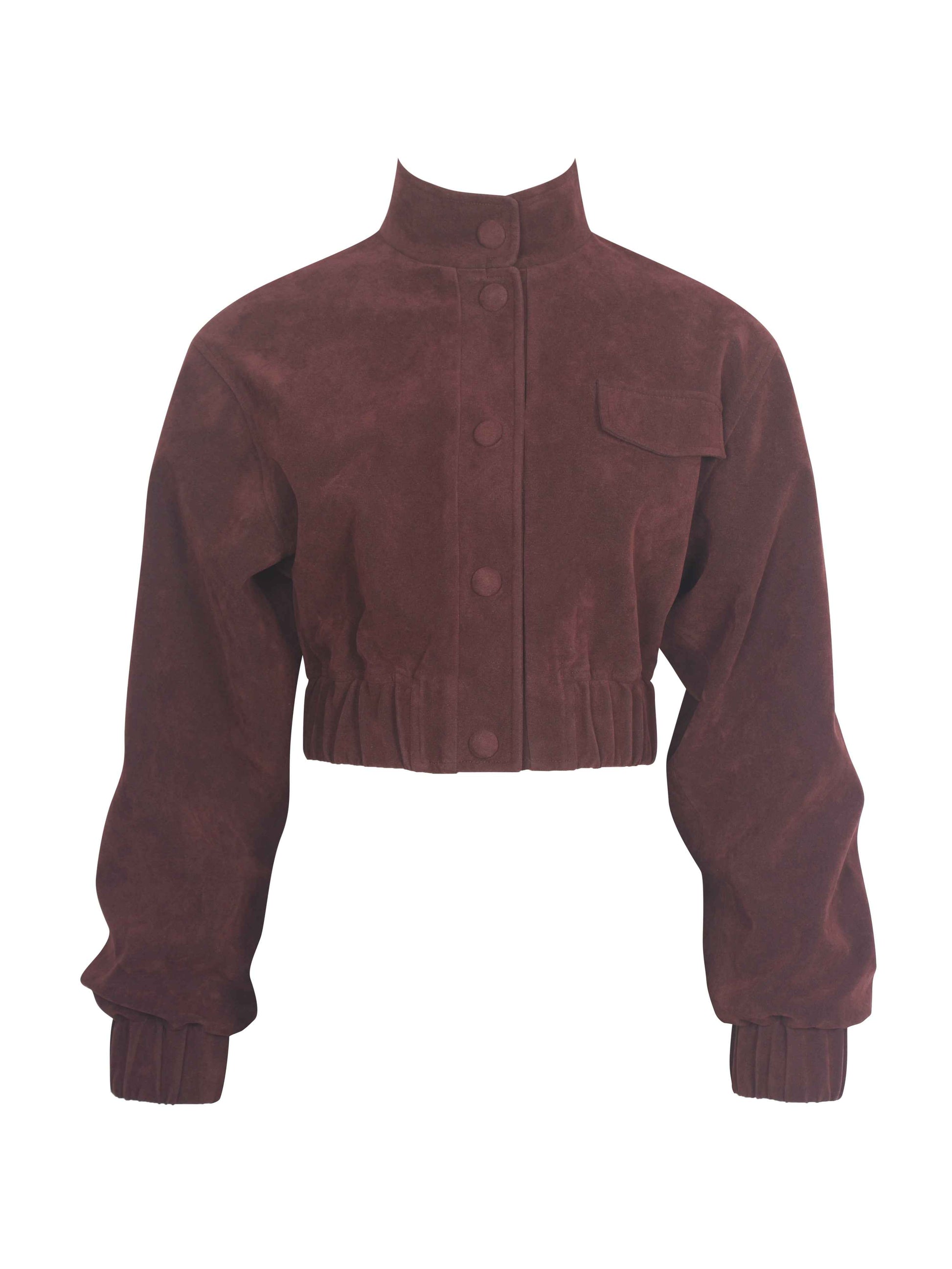 Farryn Mahogany Vegan Suede Cropped Bomber Jacket