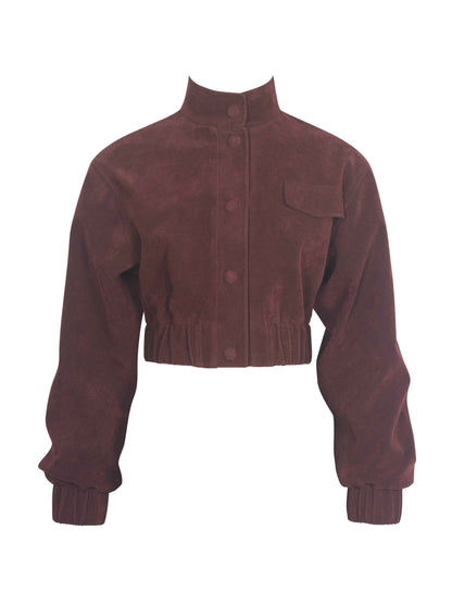 Farryn Mahogany Vegan Suede Cropped Bomber Jacket