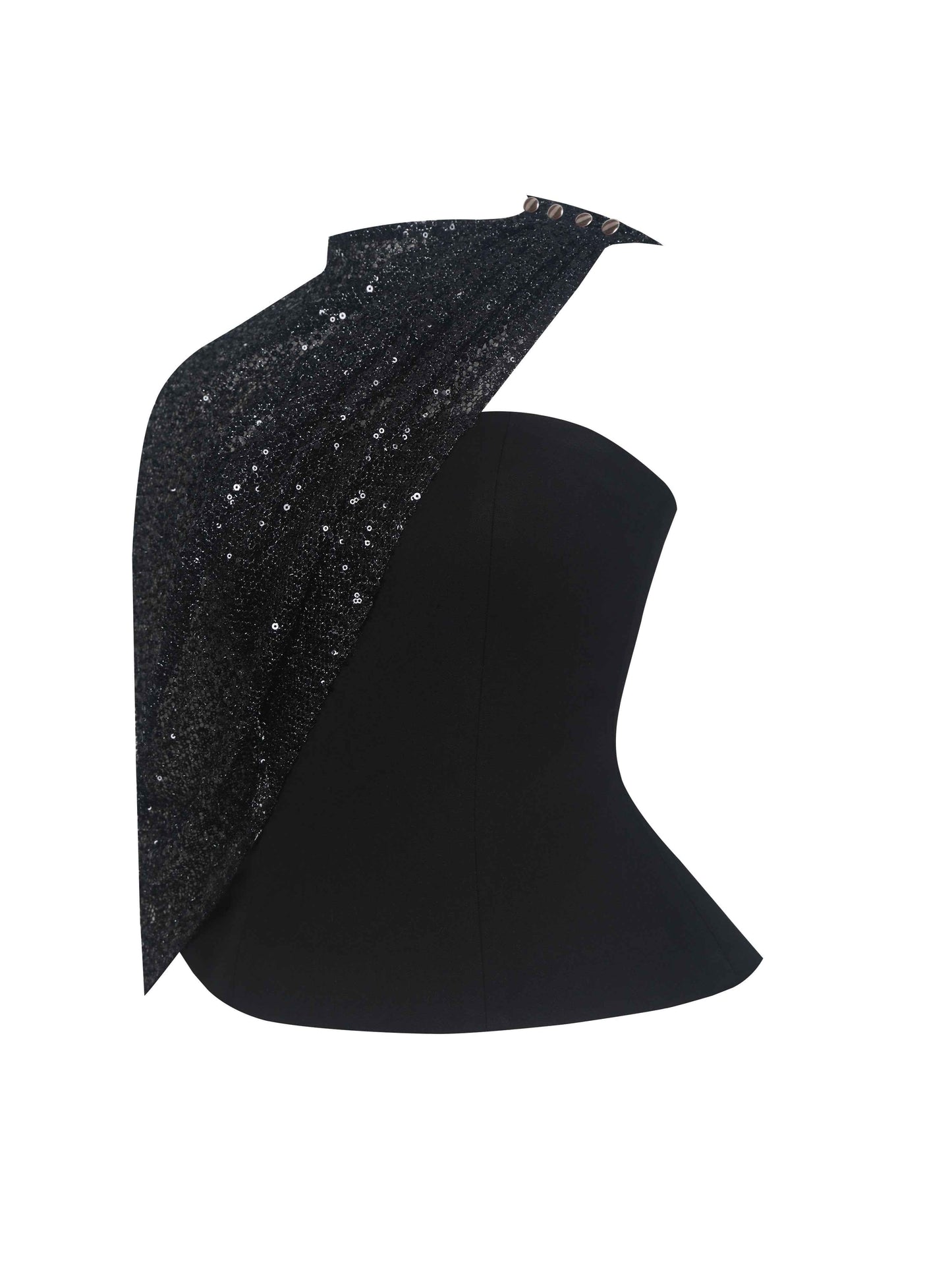 Quinette Black Peplum Top with Beaded Asymmetrical Cape