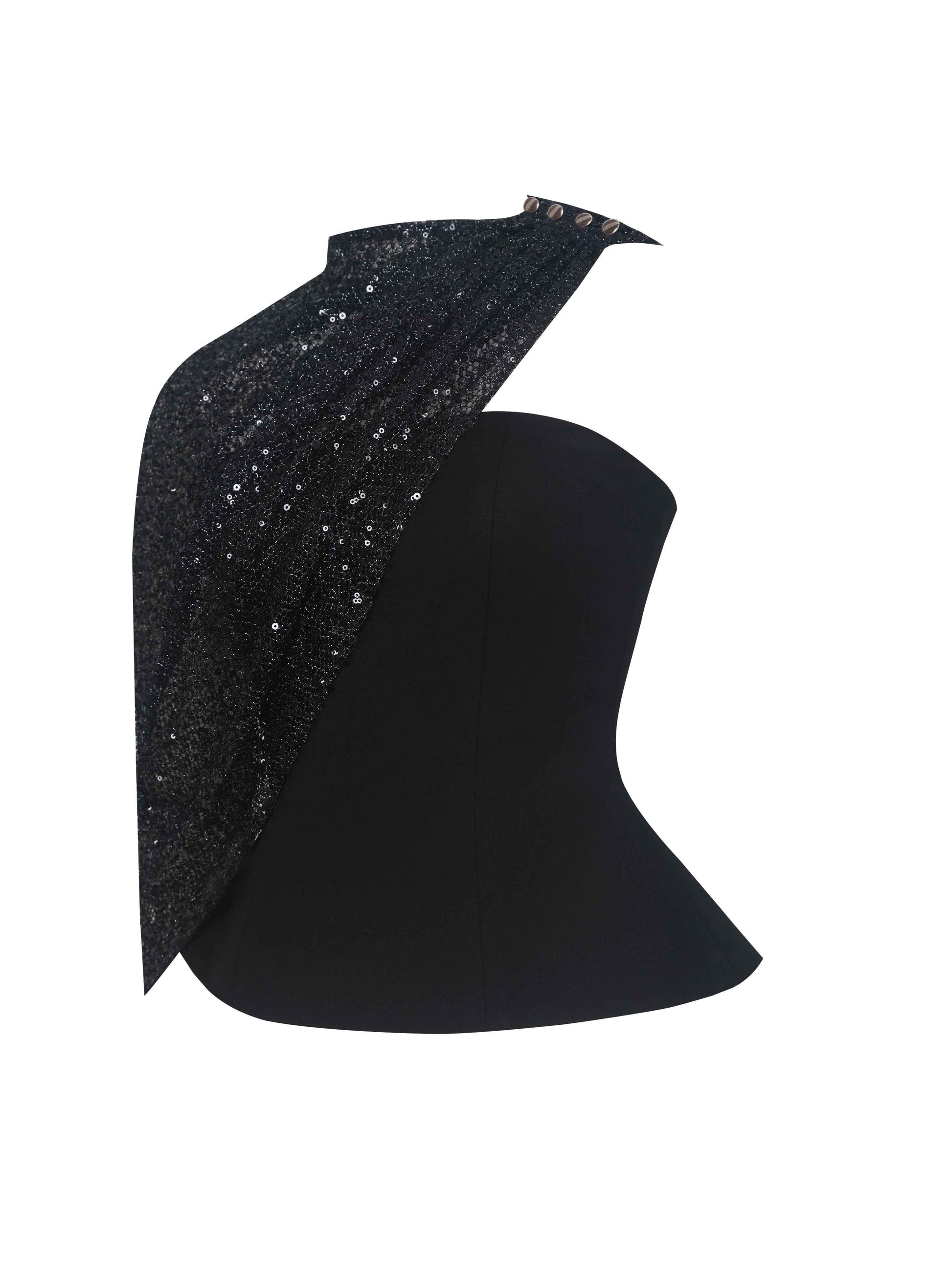 Quinette Black Peplum Top with Beaded Asymmetrical Cape