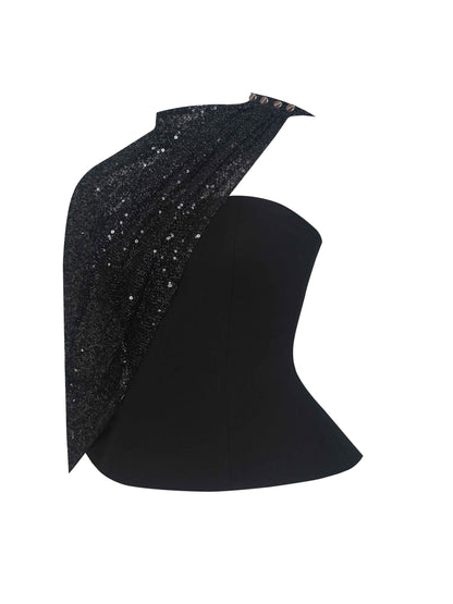 Quinette Black Peplum Top with Beaded Asymmetrical Cape