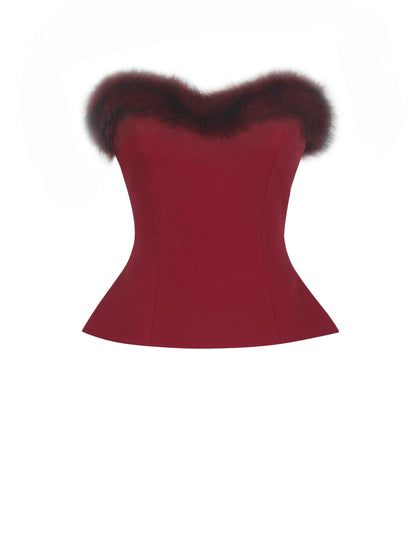 Ivette Crimson Fur-Trimmed Peplum Top