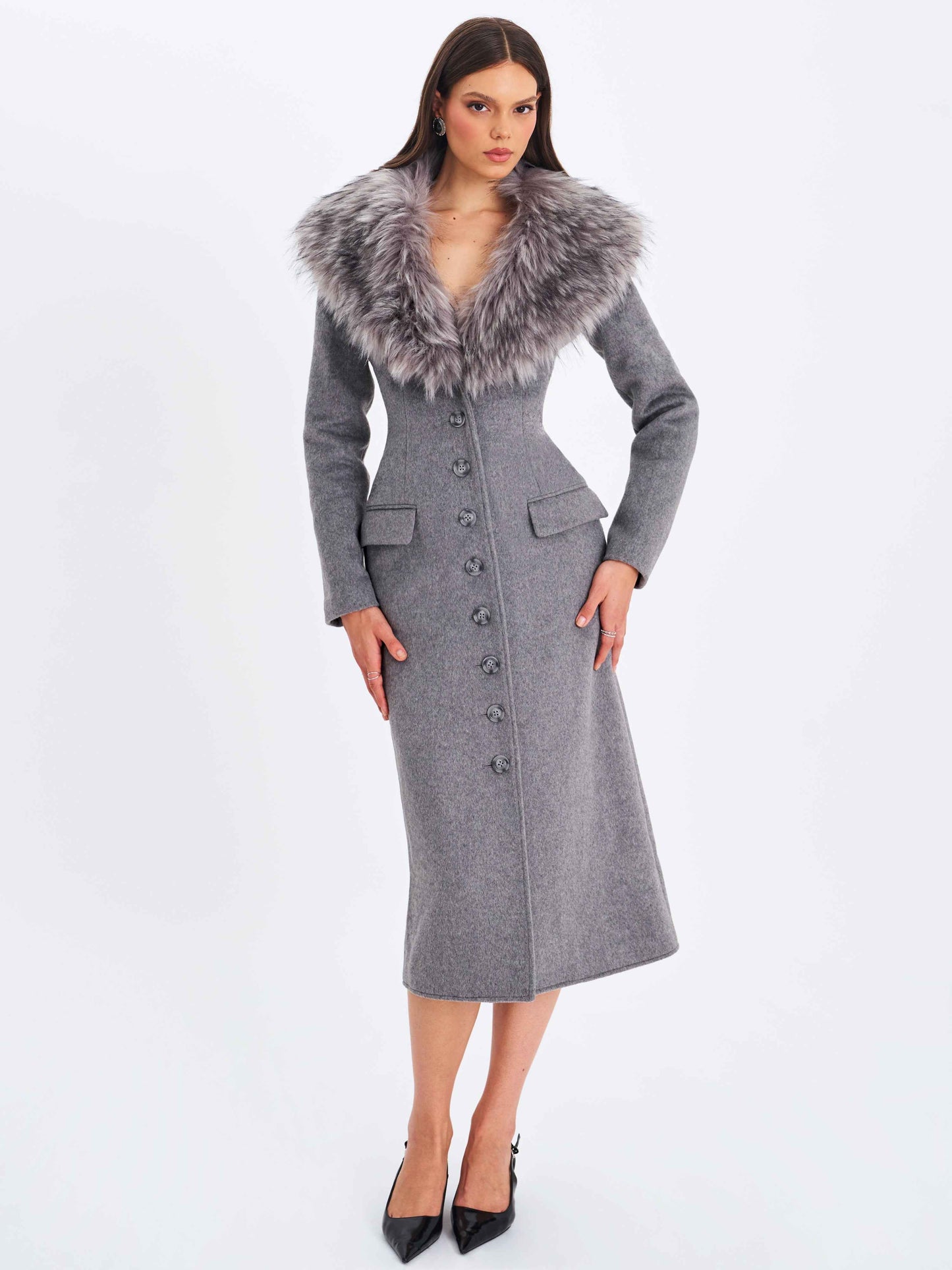 Faye Grey Wool Blend Single-Breasted Coat with Removable Faux Fur Collar