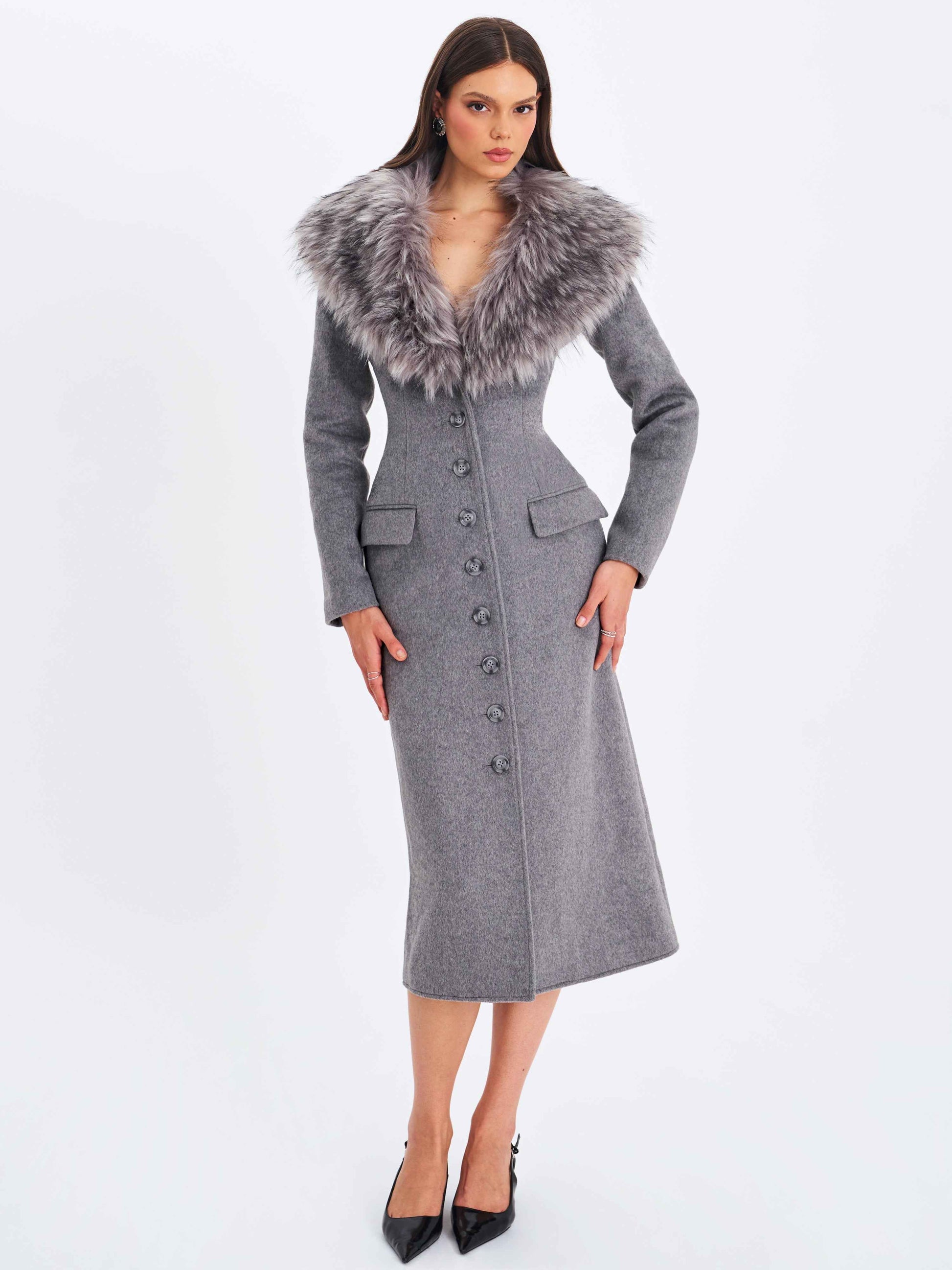 Faye Grey Wool Blend Single-Breasted Coat with Removable Faux Fur Collar
