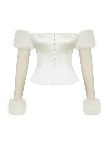 Nola Ivory Off-Shoulder Fur Trimmed Top