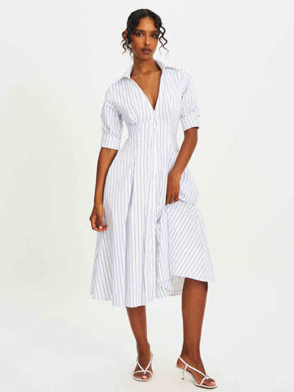 Palina Pinstripes Cotton Poplin Pleated Midi Preppy Shirt Dress