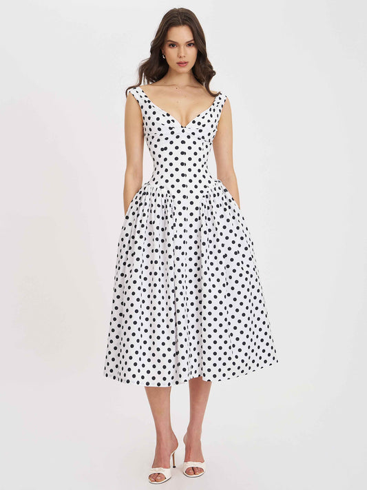 Rahma Polka Dot Drop Waist Midi Cotton Poplin Dress