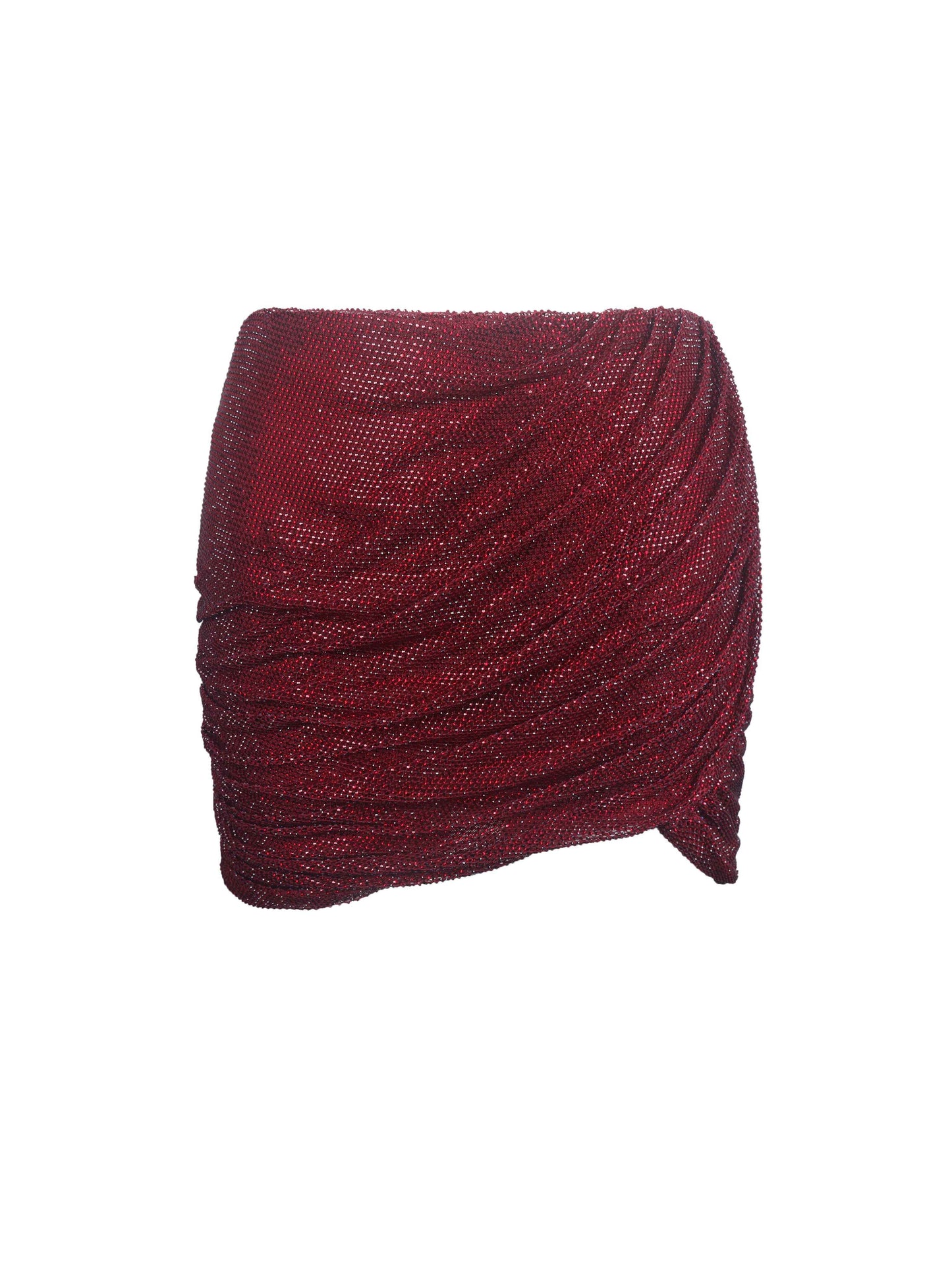 Darleen Crimson Rhinestone Mesh Low Waist Ruched Skirt