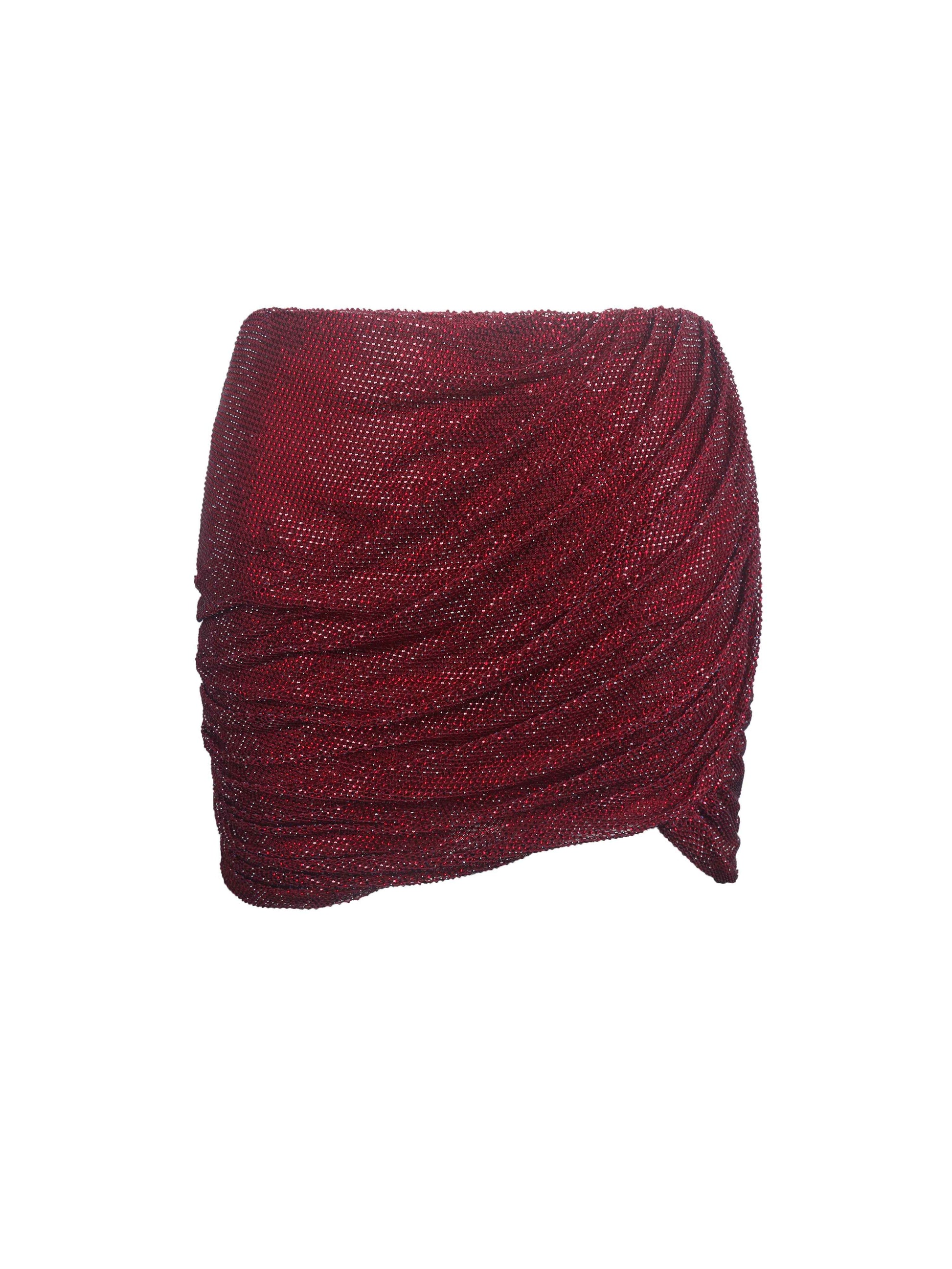 Darleen Crimson Rhinestone Mesh Low Waist Ruched Skirt