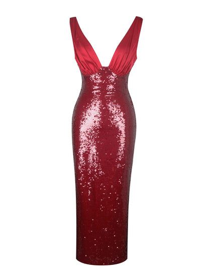 Shanelle Crimson Sequin Plunging Midi Dress