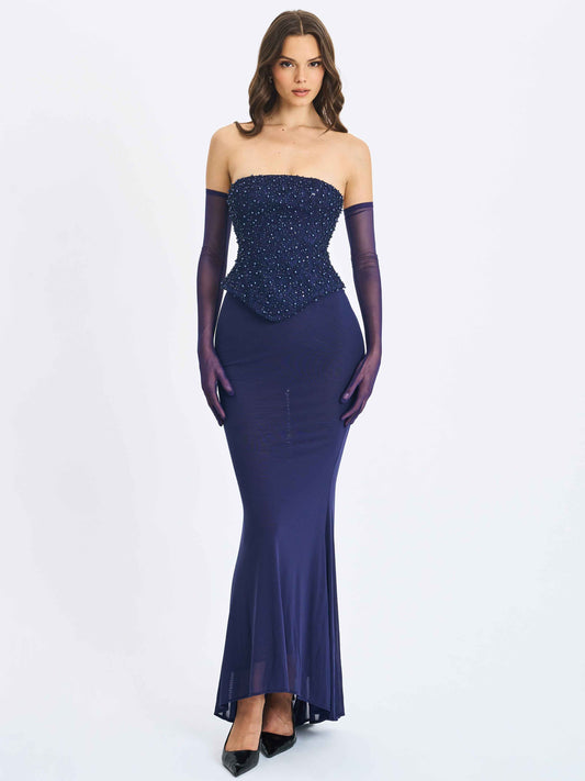 Orabelle Navy Beaded Peplum Mermaid Maxi Gown with Lace-up Back