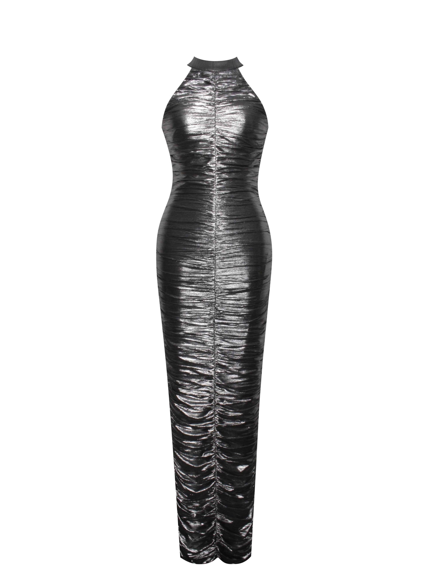 Abril Ruched Silver Glitter Backless Gown