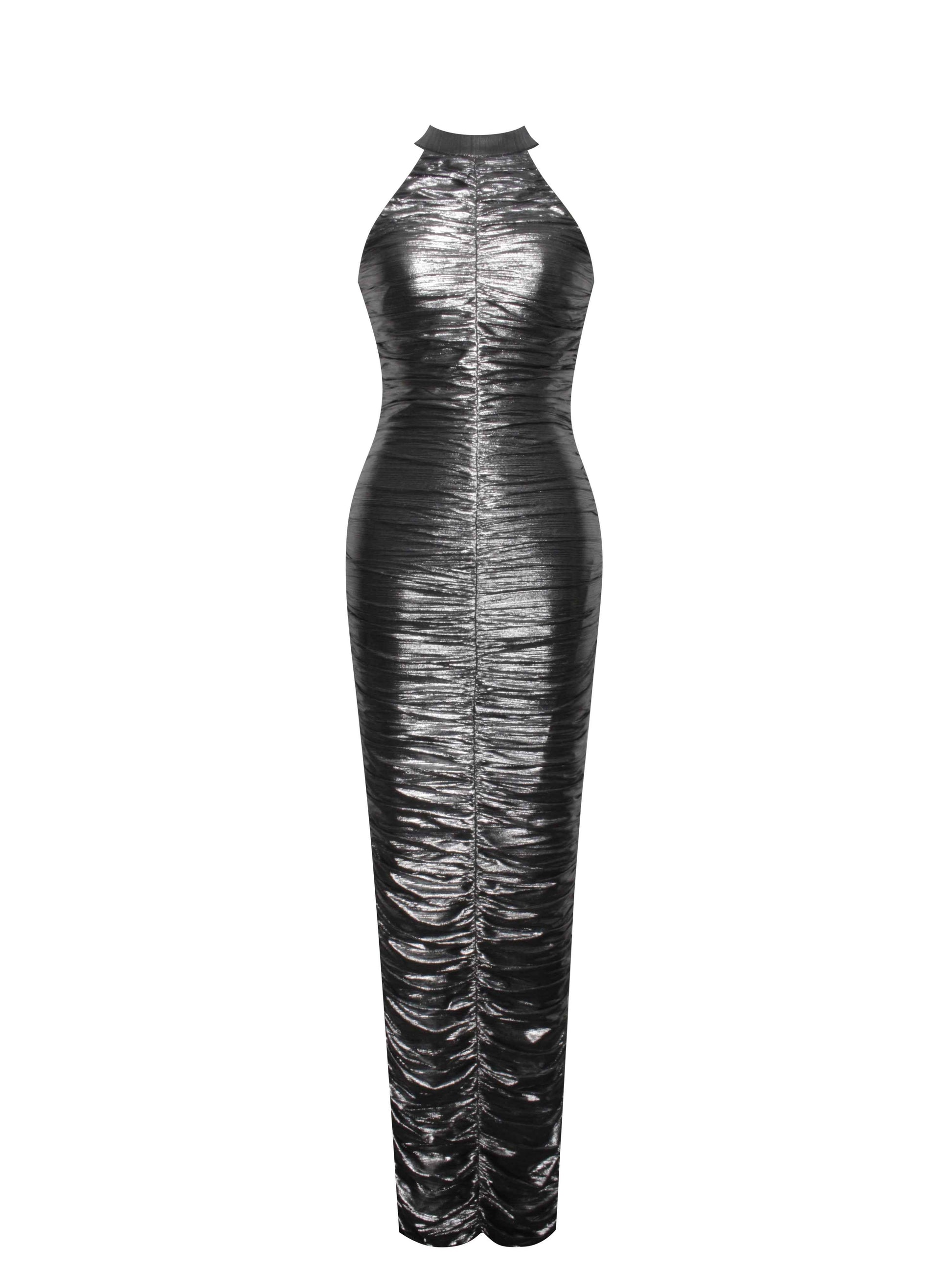 Abril Ruched Silver Glitter Backless Gown