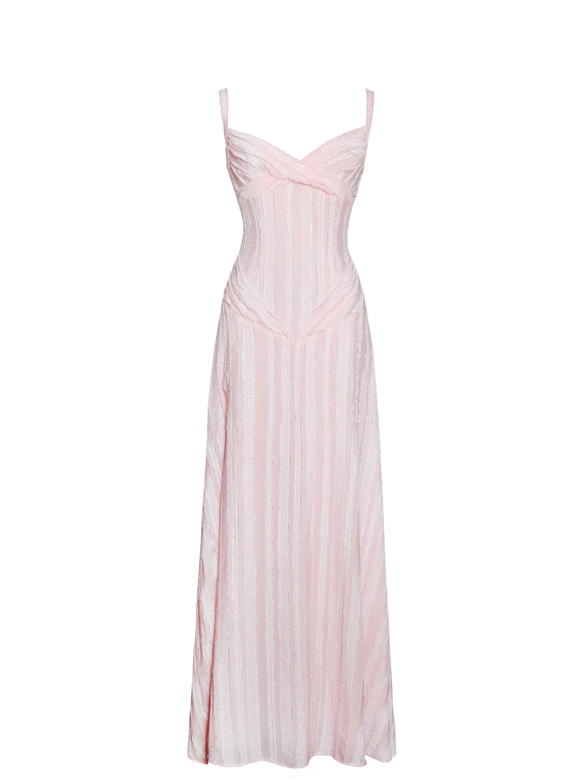 Mallory Baby Pink Stripe Jacquard High Slit Gown