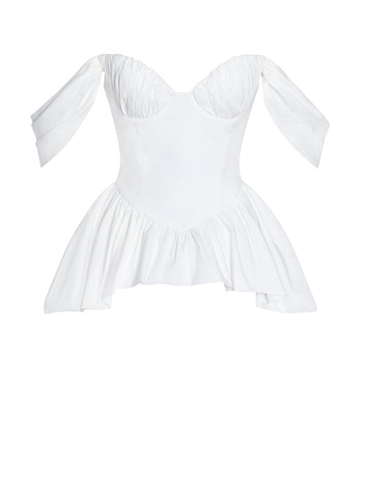 Qistina White Off-shoulder Bubble Hem Peplum Cotton Top