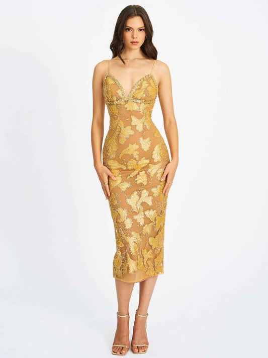 Edie Gold Beaded Sequin Midi Pencil Dress