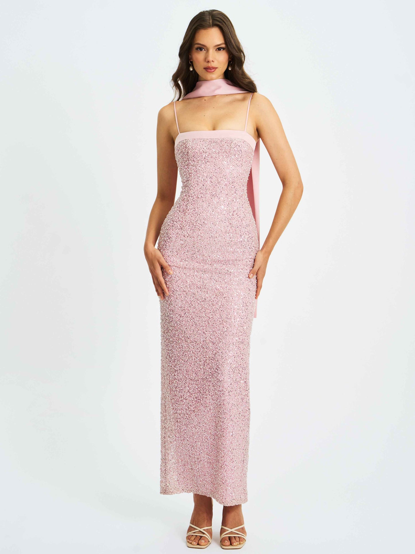 Raizel Pink Beaded Sequin Bodycon Gown with Scarf