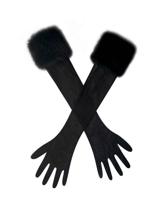 Eve Black Fur-Trimmed Mesh Opera-length Gloves