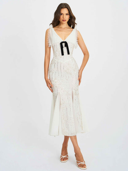 Paola White Peter Pan Collar Beaded Sequin Mermaid Midi Dress