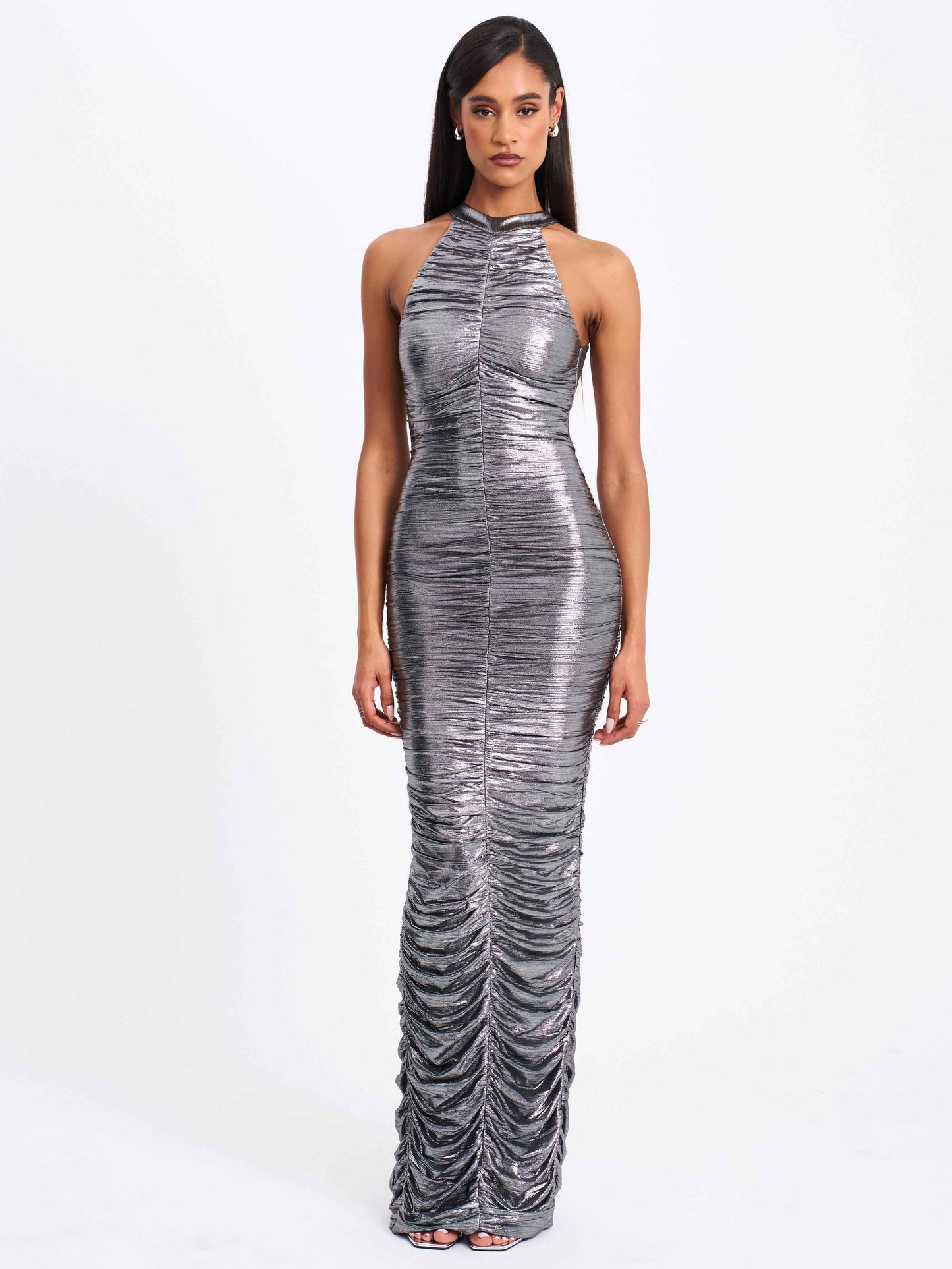 Abril Ruched Silver Glitter Backless Gown