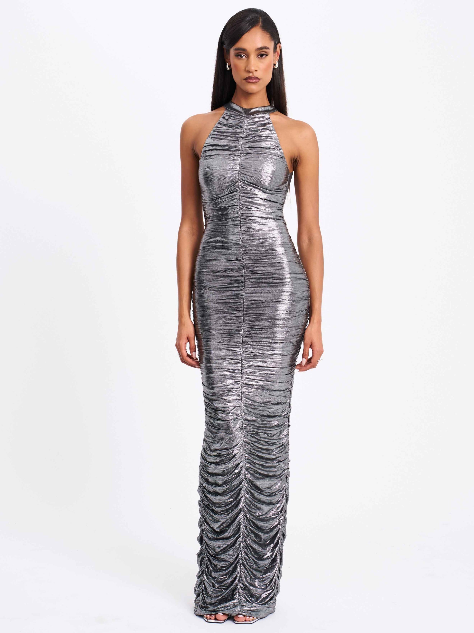 Abril Ruched Silver Glitter Backless Gown