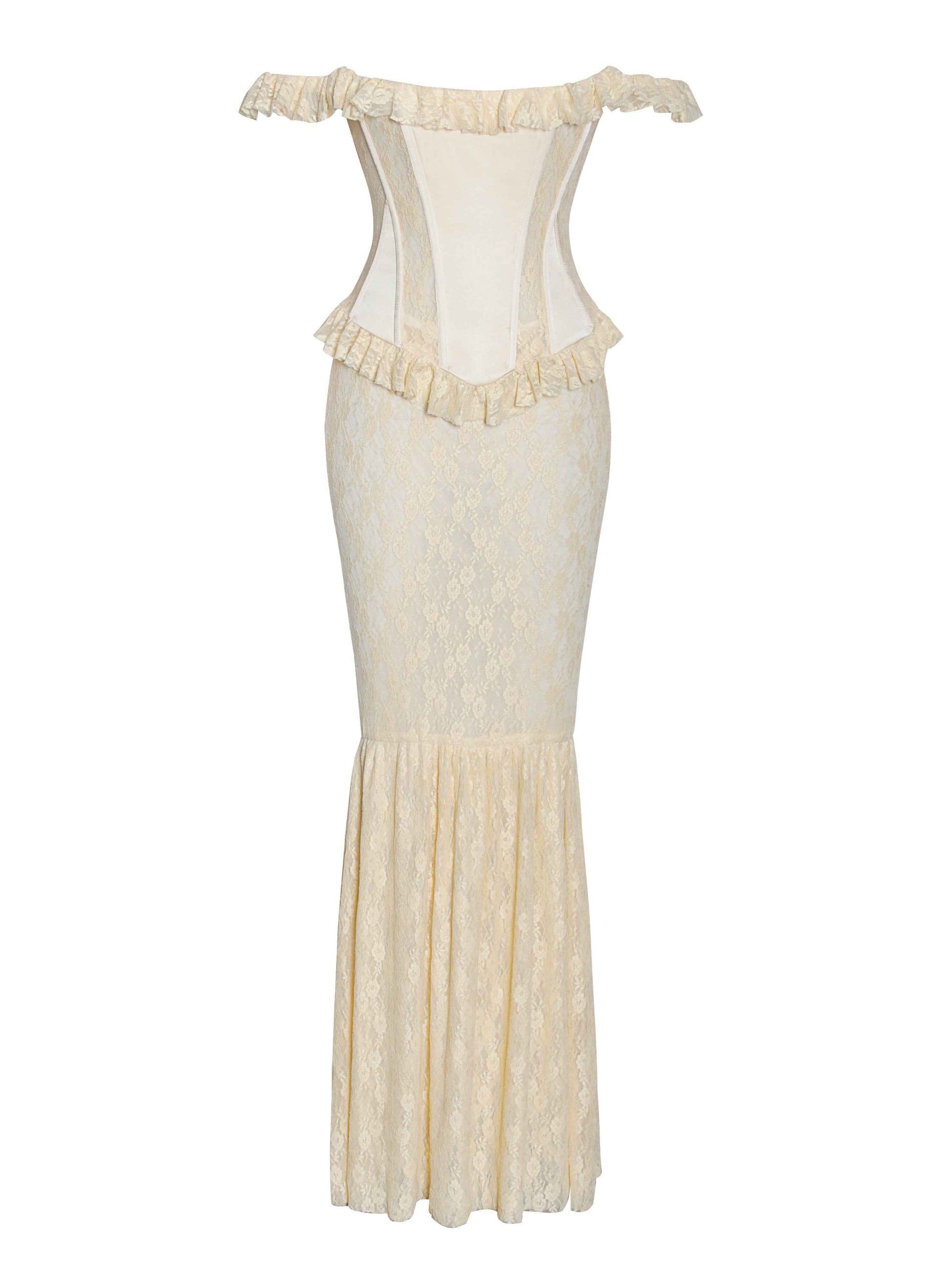 Ersilia Pale Yellow Satin Lace Peplum Corset Off Shoulder Maxi Dress