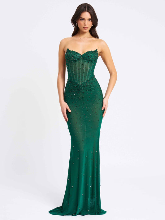 Fatima Green Crystal Sleeveless Corset Mermaid Maxi Dress