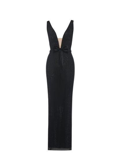 Olympia Black Belted Bow Plunging Rhinestone Maxi Dress