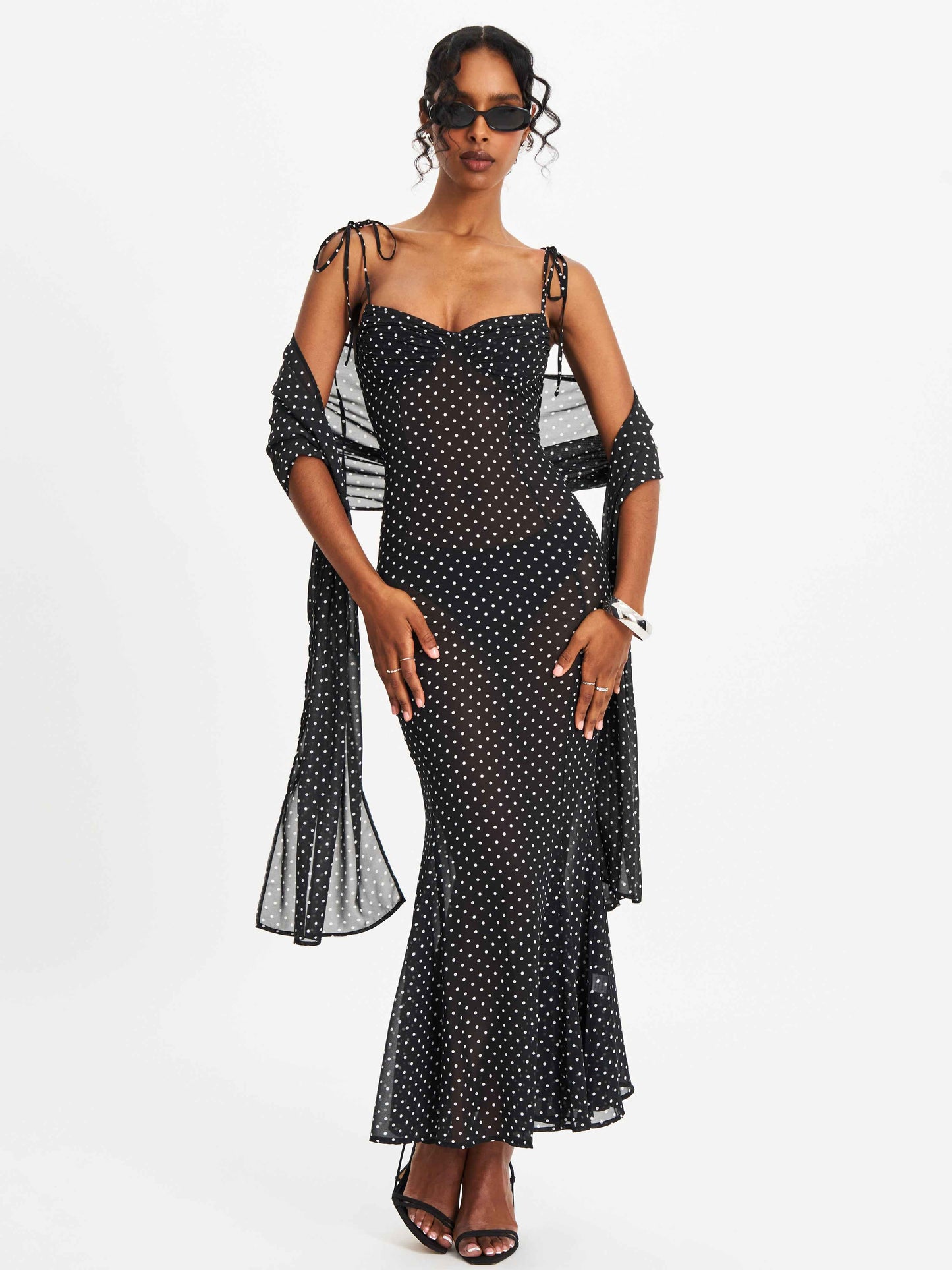 Yadira Black Base Polka Dot Chiffon Maxi Dress