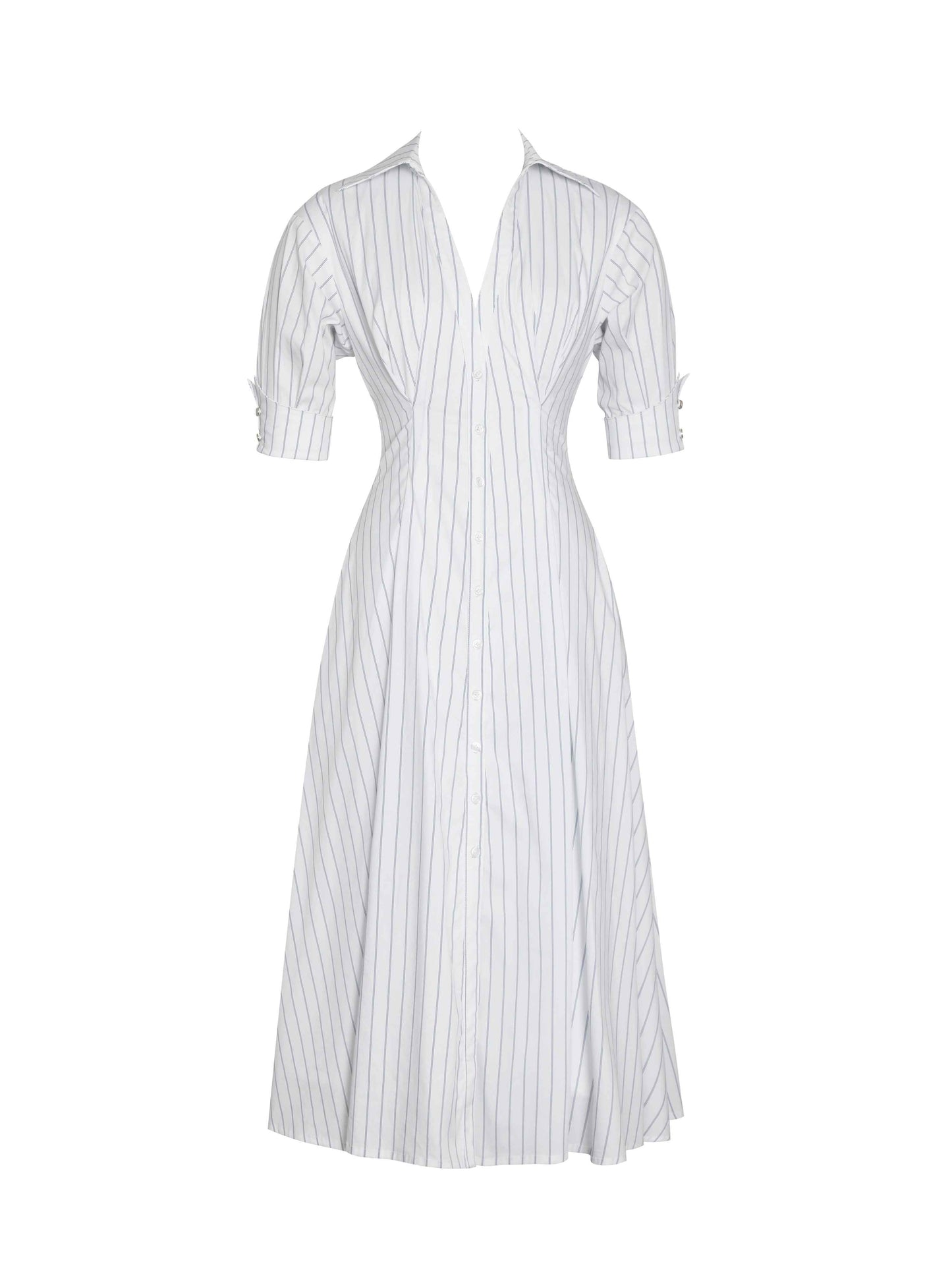 Palina Pinstripes Cotton Poplin Pleated Midi Preppy Shirt Dress