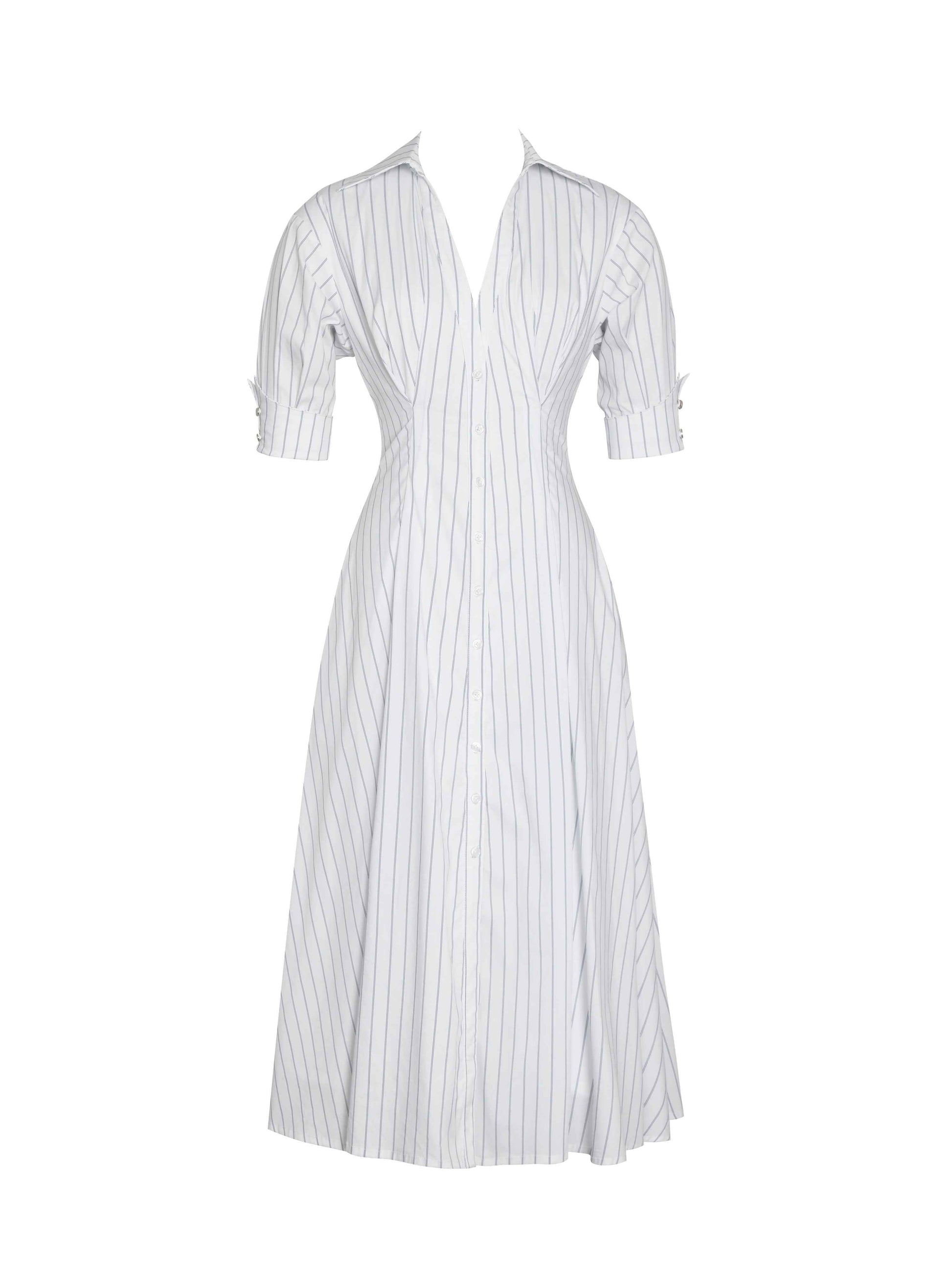 Palina Pinstripes Cotton Poplin Pleated Midi Preppy Shirt Dress