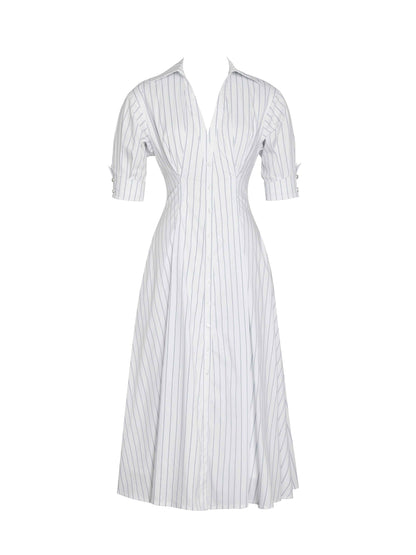 Palina Pinstripes Cotton Poplin Pleated Midi Preppy Shirt Dress