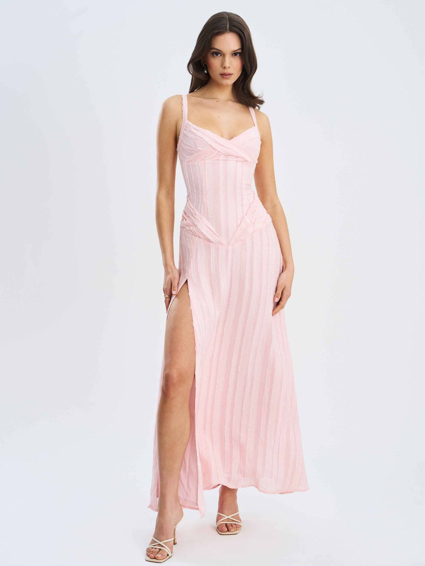 Mallory Baby Pink Stripe Jacquard High Slit Gown