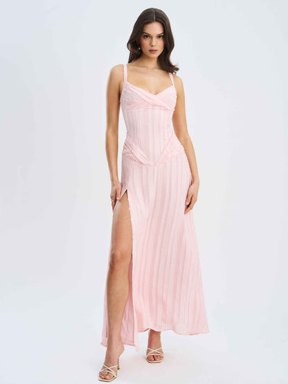 Mallory Baby Pink Stripe Jacquard High Slit Gown