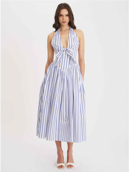 Mackenna Navy Stripe Halter Smock Back Maxi Dress