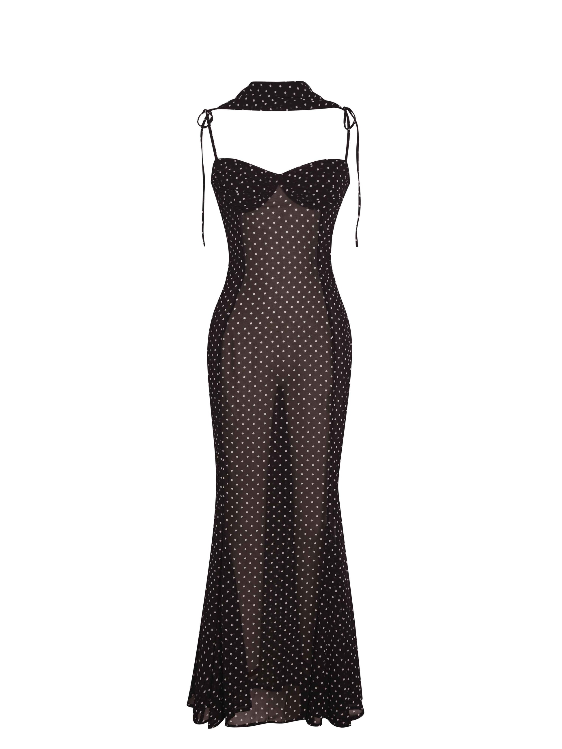 Yadira Brown Base Polka Dot Chiffon Maxi Dress