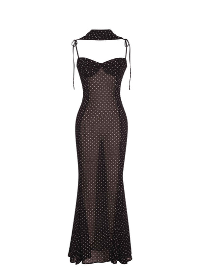 Yadira Brown Base Polka Dot Chiffon Maxi Dress