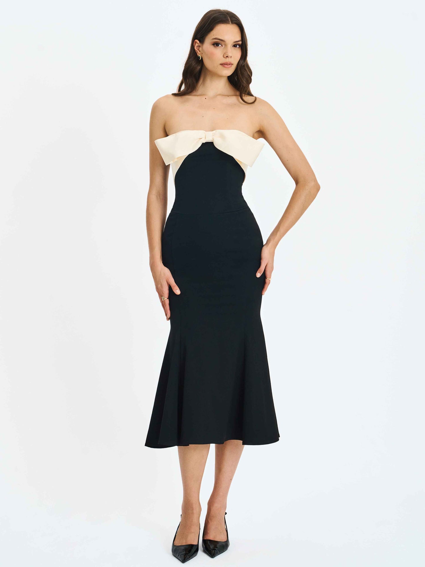 Saige Black Mermaid Midi Dress with Ivory Bow Bustline