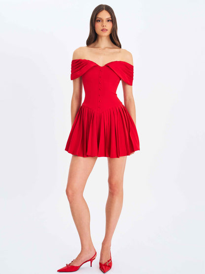 Narelle Crimson Off-Shoulder Sweetheart Drop Waist Mini Dress