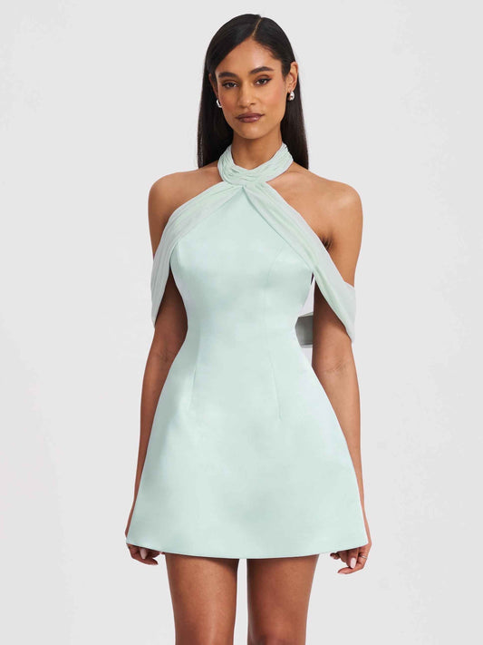 Zafrina Light Cyan Halter Off-shoulder Backless Mini Dress