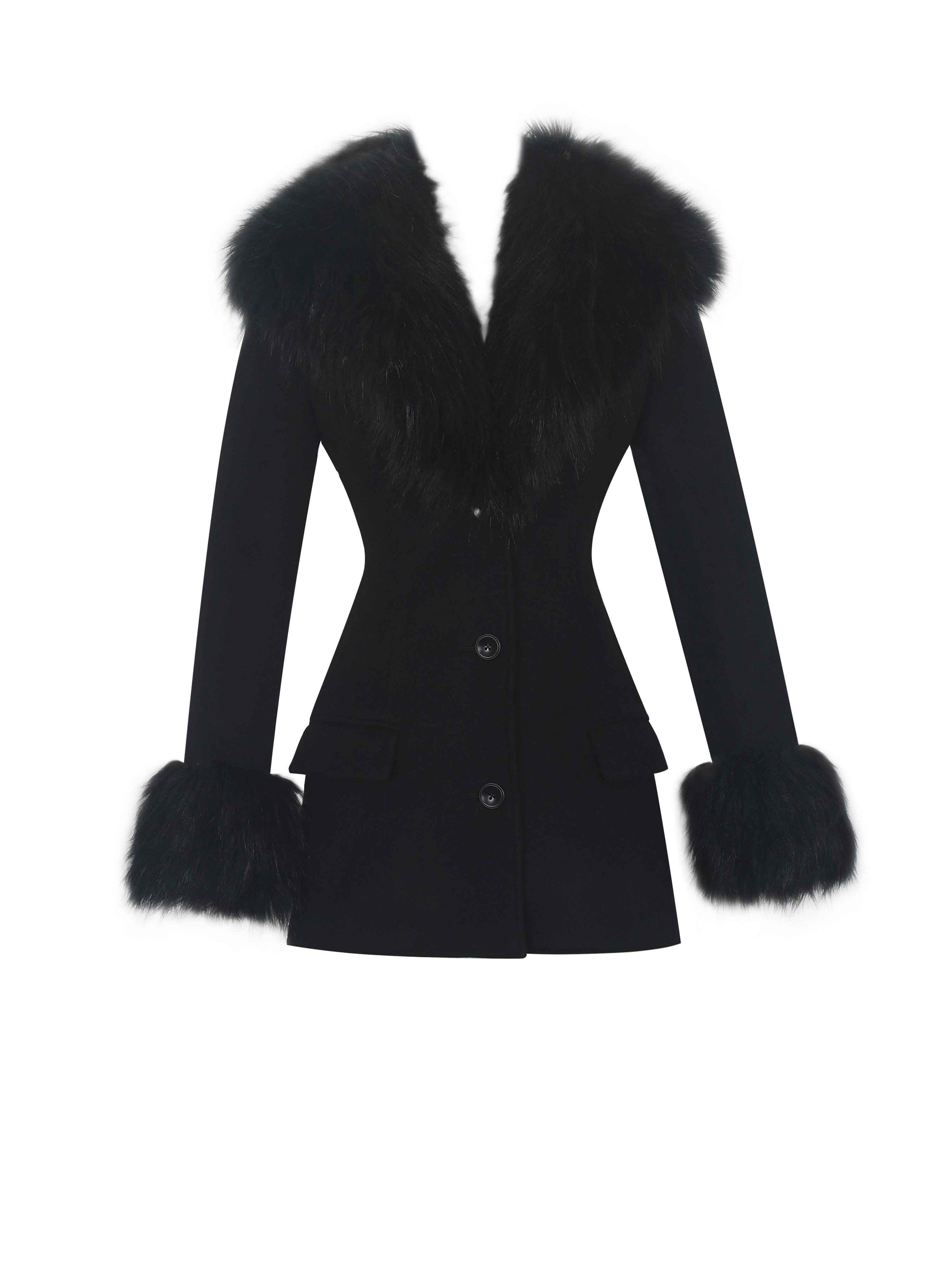Hailee Black Single Breasted Wool Blend Mini Coat with Removable Fur Lapel