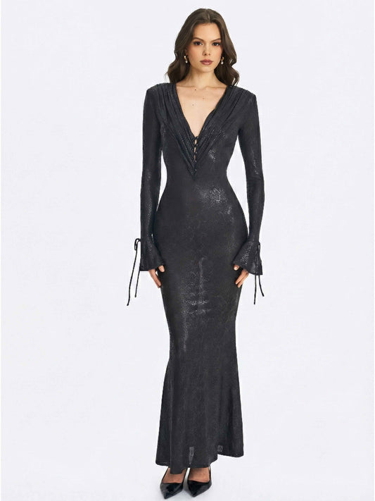 Ilysia Black V-Neck Plunge Snakeskin Mermaid Hem Maxi Dress