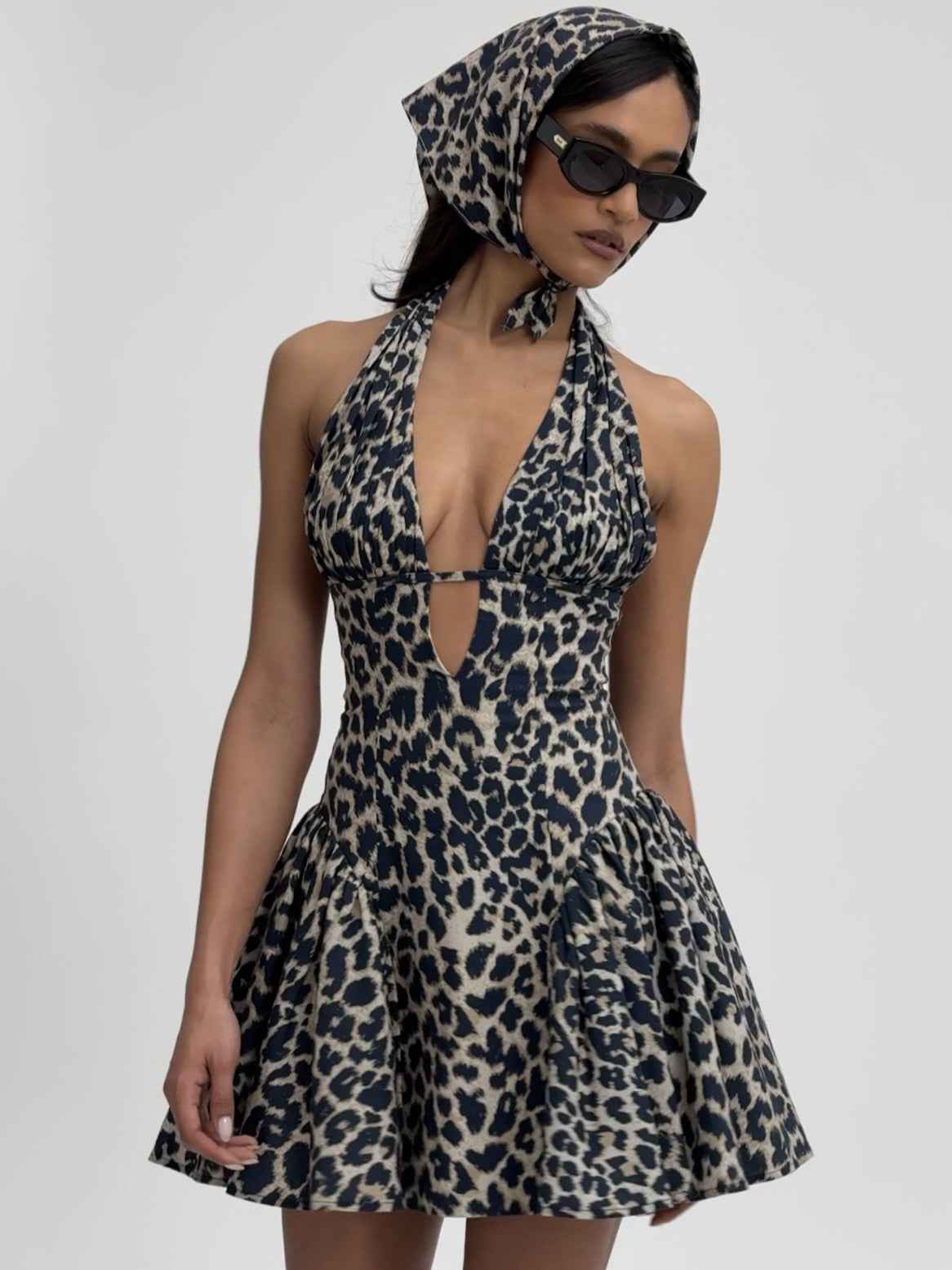 Mackenzie Cheetah Print Halter Linen Mini Dress